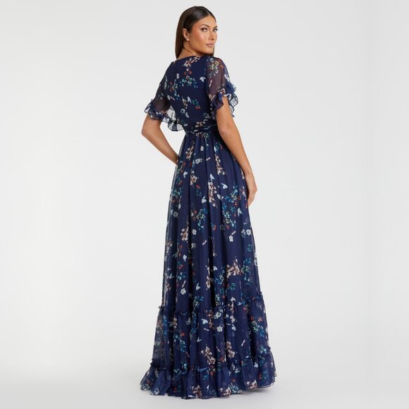 NWT Mac Duggal Flounce Sleeve Floral Maxi Dress Navy Multi 14 #8612 - Picture 4 of 8